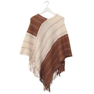 Two-Tone Knit Stripe Poncho with Fringe